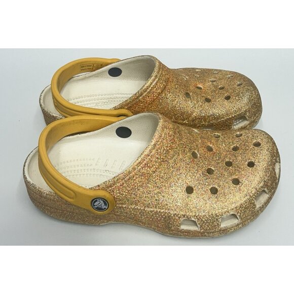 Crocs Glitter Clogs Classic Girls Size 4 Junior J4 Gold Yellow - Picture 1 of 7